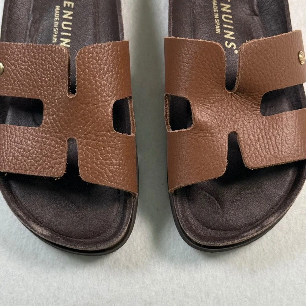 Genuins Brown Leather H-Strap Slide Sandals Made in Spain Womens 39